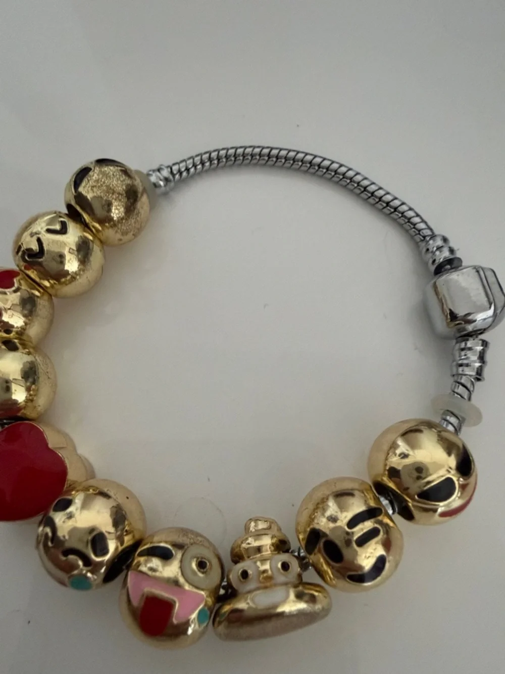 Gold Emoji Bead Charm Bracelet with Red Heart